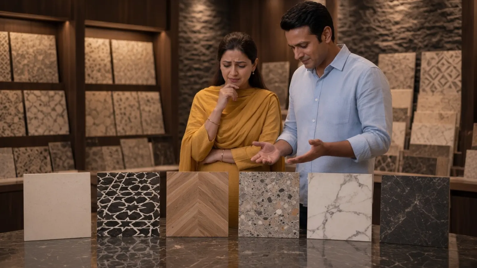 Illustrative photo of a couple at a showroom counter, unsure which of six tiles laid flat in front of them to choose.